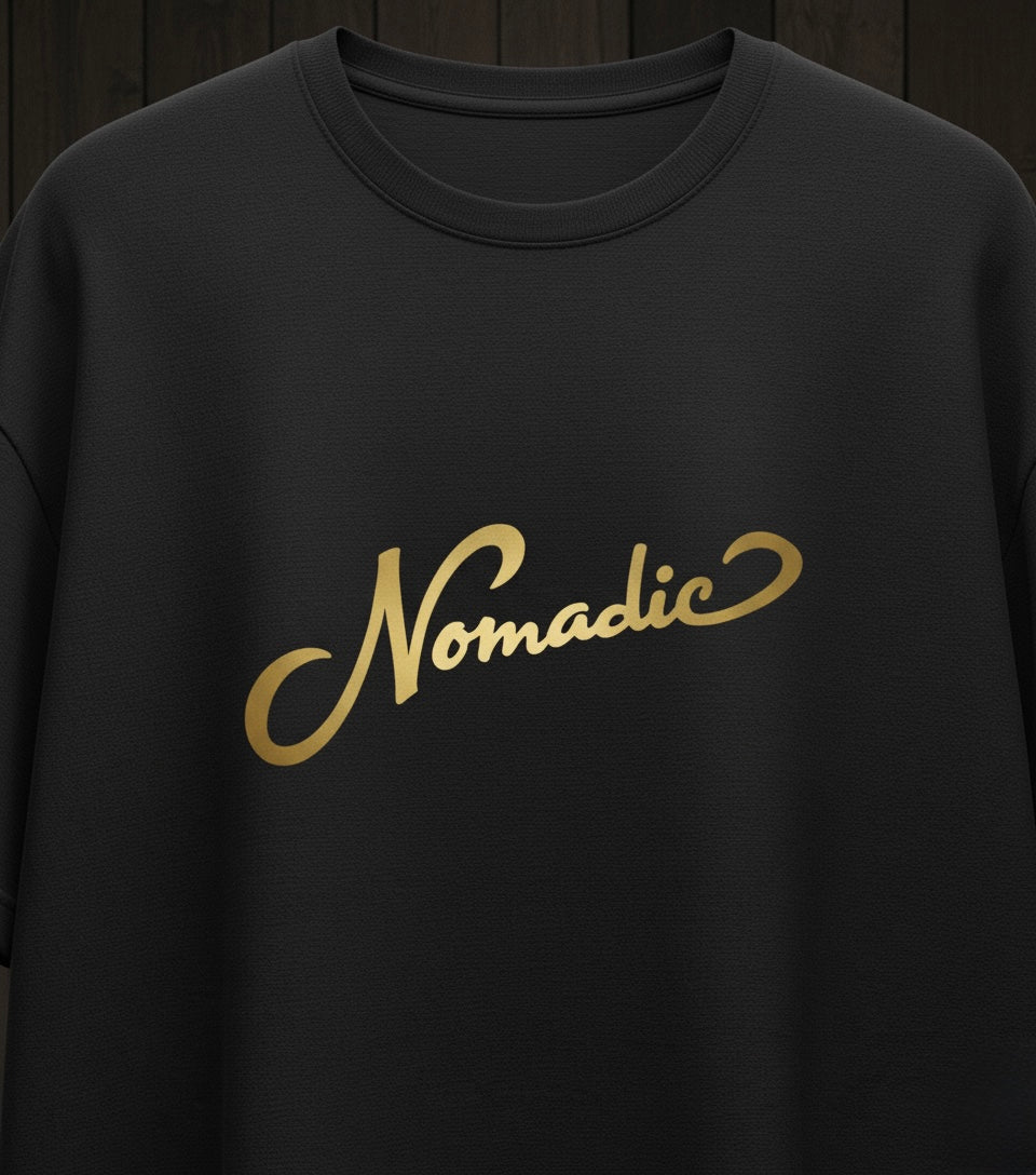 Nomadic Luxe Script Tee – Black & Gold Edition