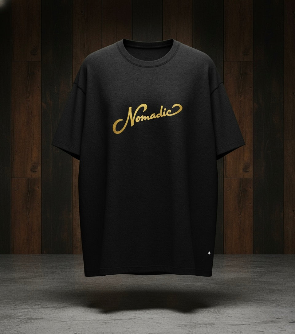 Nomadic Luxe Script Tee – Black & Gold Edition