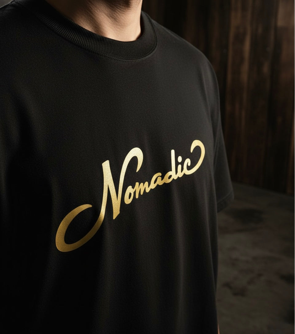 Nomadic Luxe Script Tee – Black & Gold Edition